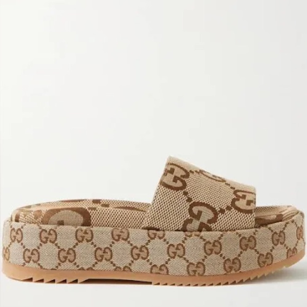 GG Angelina Tan Monogram Platform Sandals